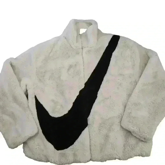 Nike Essentials Women's Off White Faux Fur Plush Large Logo Full Zip Jacket S - Picture 8 of 15